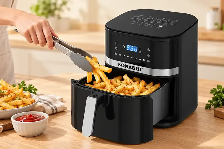 Golden-yellow air fryer French fries in an open basket beside potatoes and a small bowl of dip
