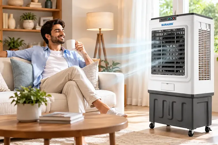 Portable air cooler positioned beside a seating area with clear space around its air vents