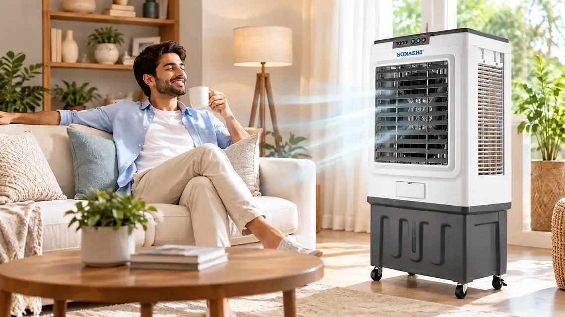 Portable air cooler positioned beside a seating area with clear space around its air vents