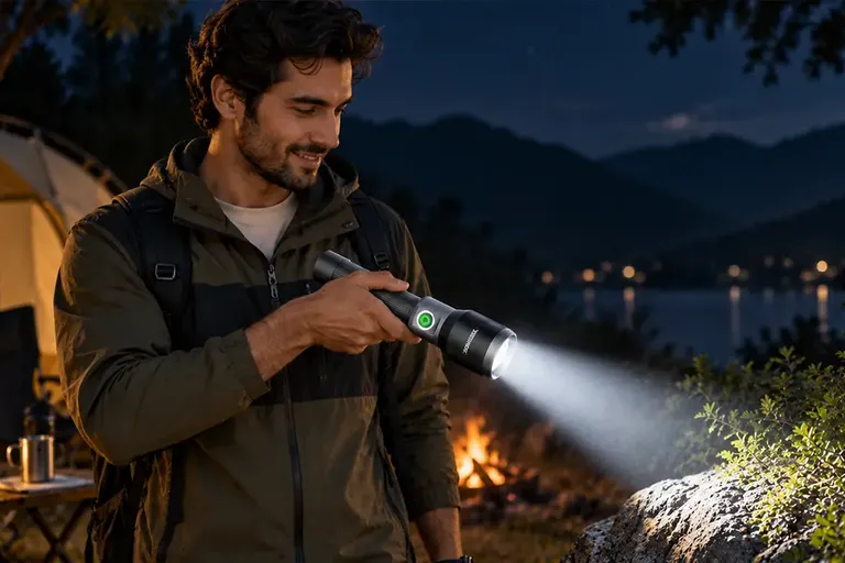 A rechargeable LED flashlight ready for camping, roadside checks, travel, and household emergencies in the UAE.