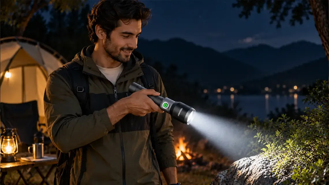A rechargeable LED flashlight ready for camping, roadside checks, travel, and household emergencies in the UAE.
