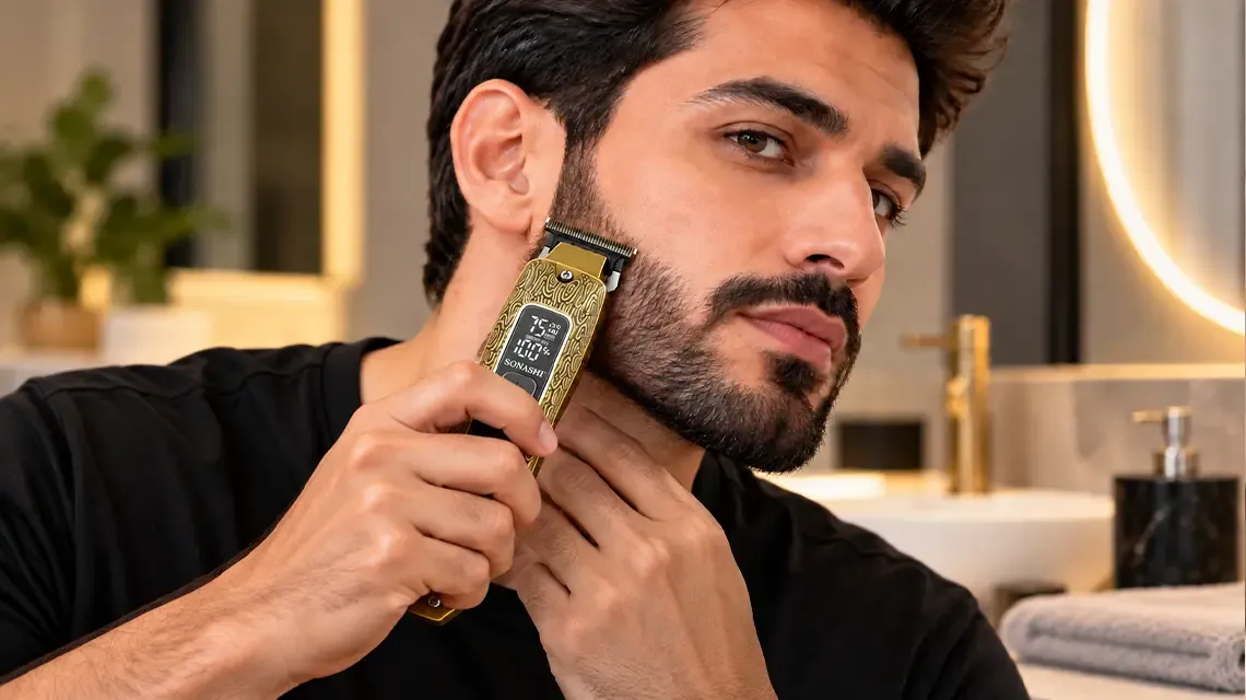 Best hair trimmer for men with guide combs and rechargeable grooming accessories on a bathroom counter