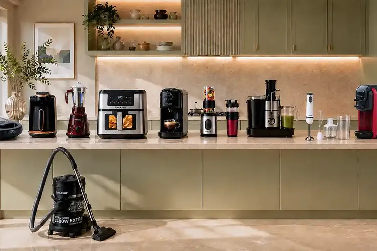 Best home appliances UAE – Sonashi coffee maker, air fryer, blender, juicer, hand blender, and vacuum cleaner.
