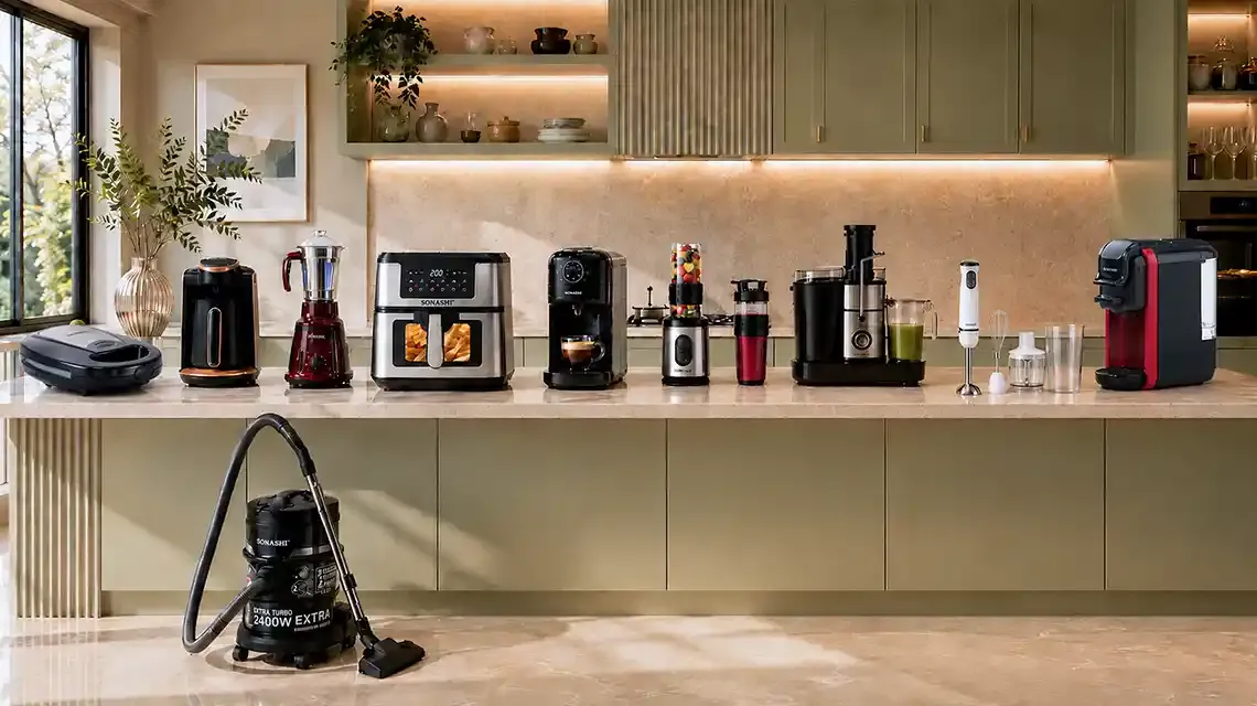 Best home appliances UAE – Sonashi coffee maker, air fryer, blender, juicer, hand blender, and vacuum cleaner.