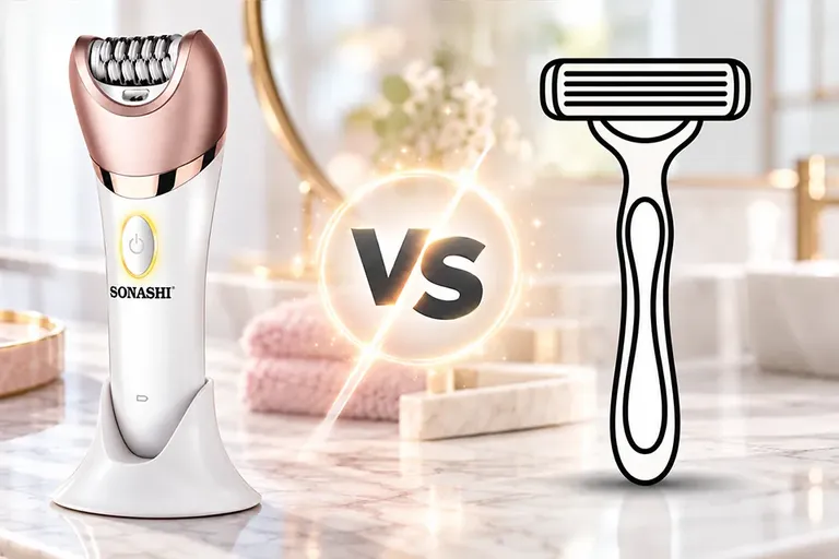 Women’s electric shaver and manual razor beside shaving gel and a clean towel