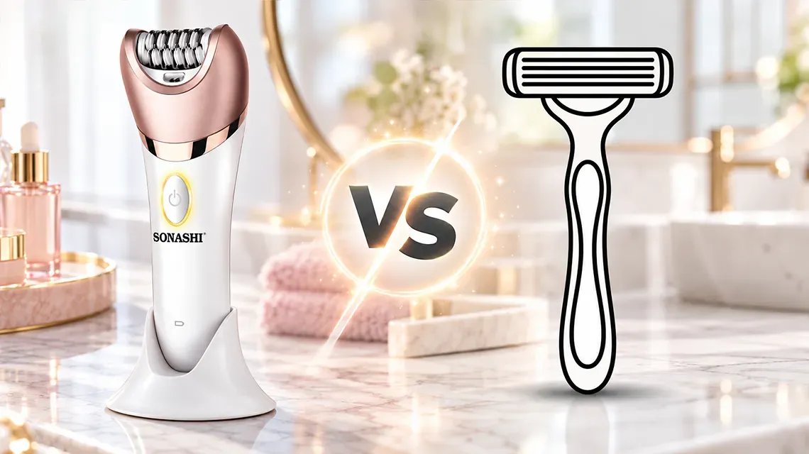 Women’s electric shaver and manual razor beside shaving gel and a clean towel