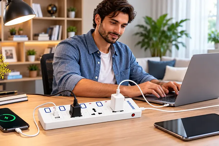 Extension socket with a visible load rating beside a laptop and monitor on a home-office desk