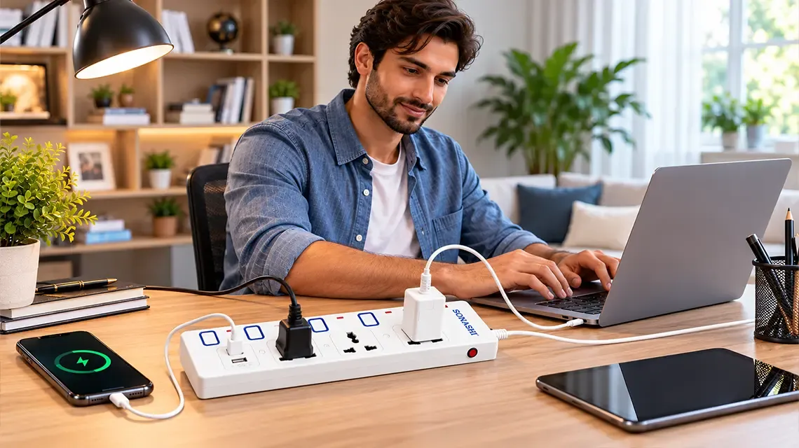 Extension socket with a visible load rating beside a laptop and monitor on a home-office desk