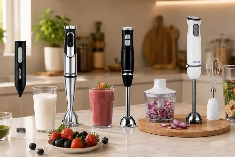 Hand blender with smoothie and fruits on kitchen counter – buying guide UAE
