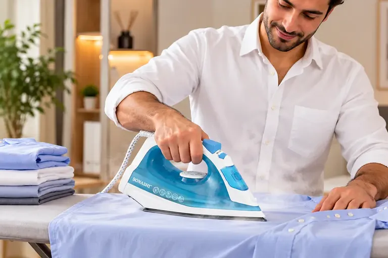 Iron pressing a cotton shirt on a padded ironing board beside neatly hung clothes