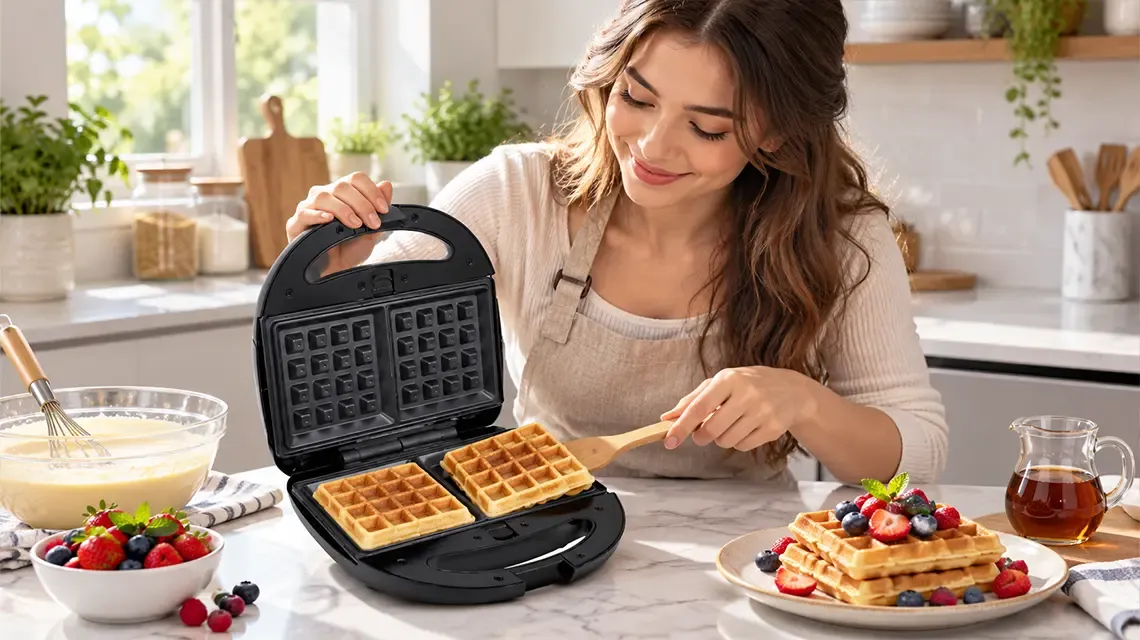 How to make waffles at home with golden homemade waffles, fresh fruit and a waffle maker