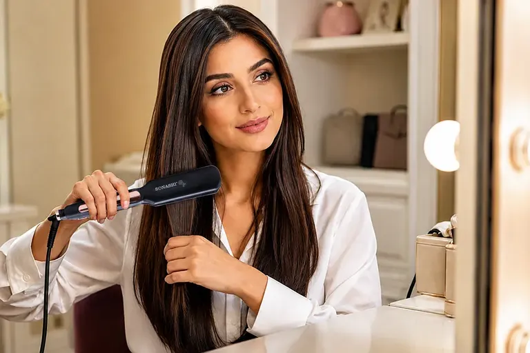 Woman using a hair straightener at home for smooth and straight hair styling