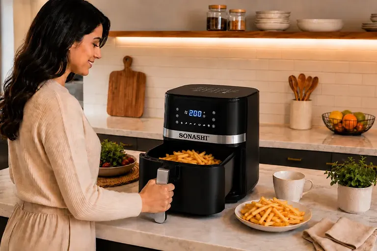 Woman checking crispy fries cooked in an air fryer at home