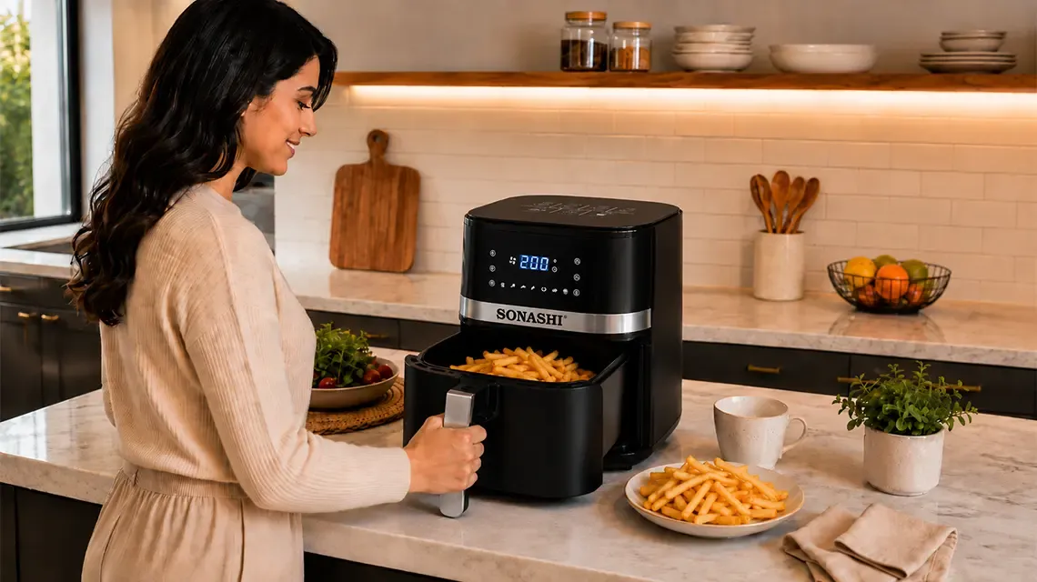 Woman checking crispy fries cooked in an air fryer at home