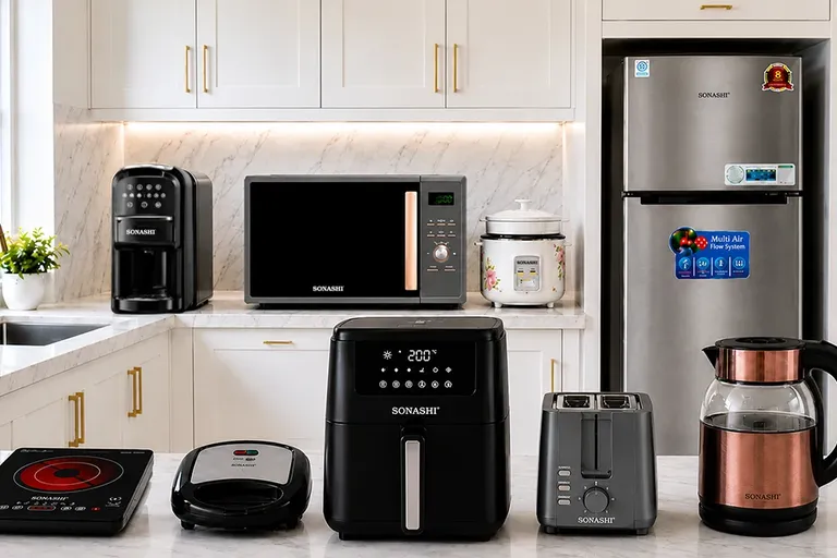 Must-have kitchen appliances including Kettle, Microwave oven, Air fryer, Rice cooker, Bread toaster, Sandwich maker, Coffee maker, Infrared cooker for a modern UAE kitchen upgrade