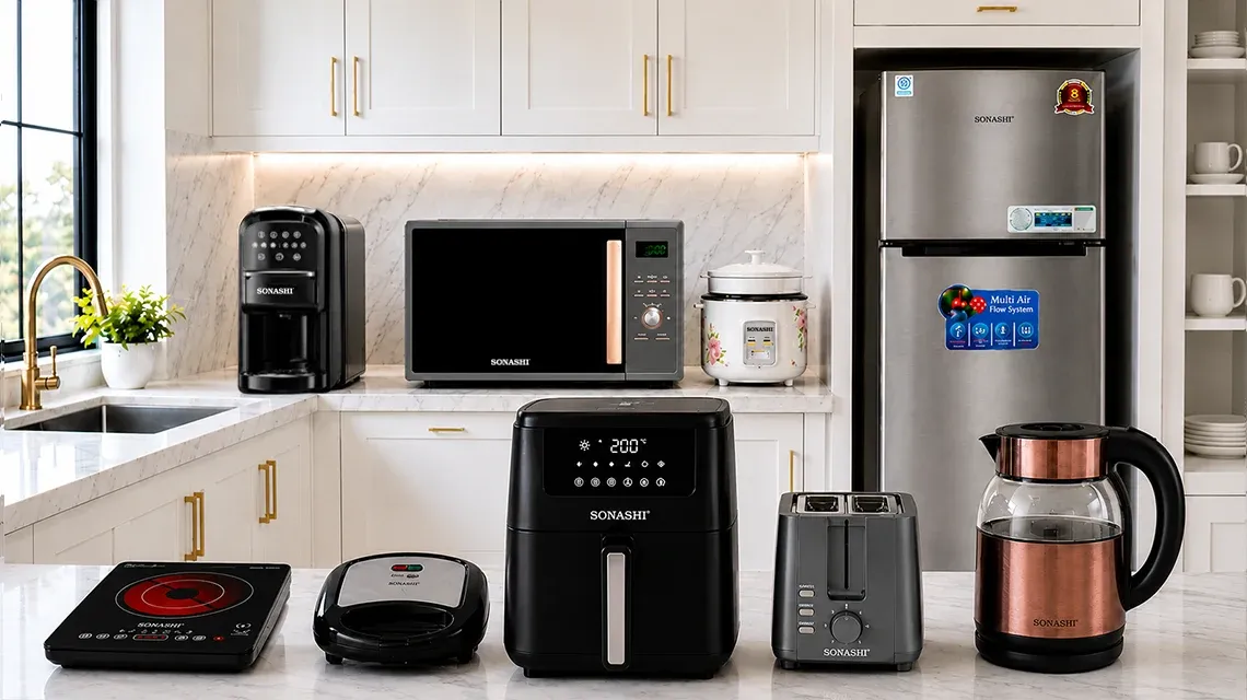 Must-have kitchen appliances including Kettle, Microwave oven, Air fryer, Rice cooker, Bread toaster, Sandwich maker, Coffee maker, Infrared cooker for a modern UAE kitchen upgrade