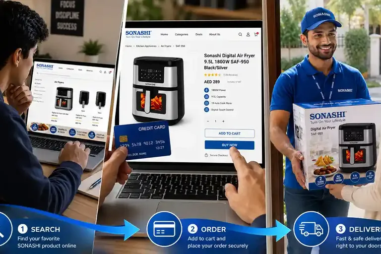 Customer ordering home appliances online through the Sonashi UAE website