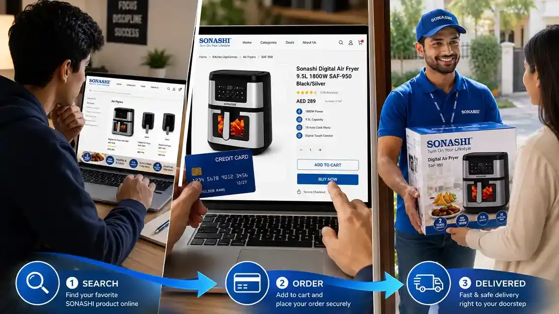 Customer ordering home appliances online through the Sonashi UAE website