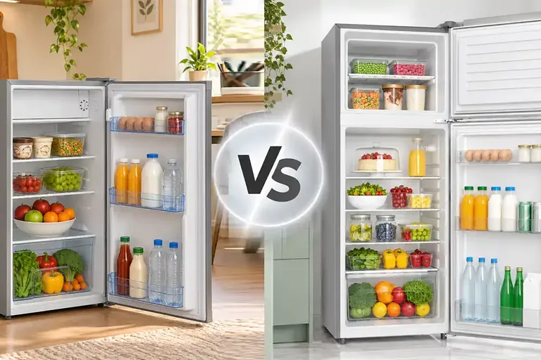 Single-door and double-door refrigerators side by side, showing their fridge and freezer layouts