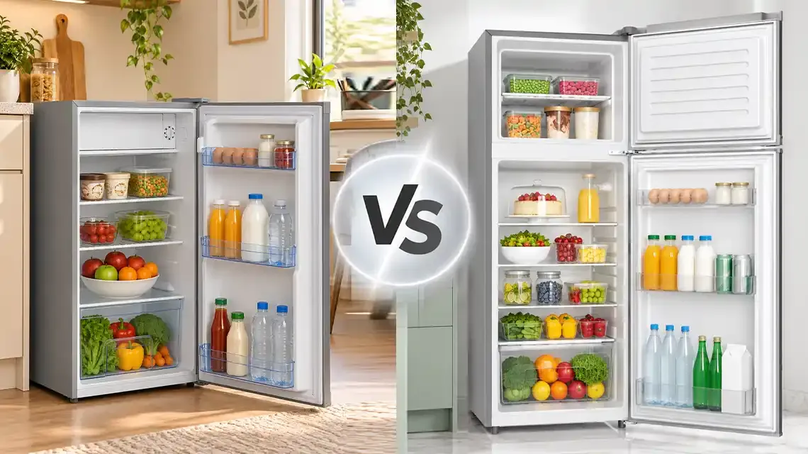 Single-door and double-door refrigerators side by side, showing their fridge and freezer layouts