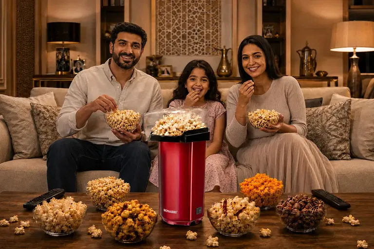 Family enjoying homemade popcorn recipes with the Sonashi popcorn maker during movie night