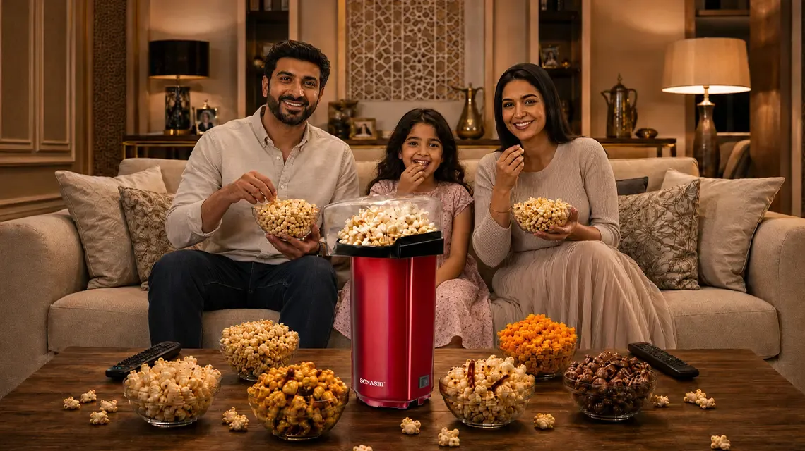 Family enjoying homemade popcorn recipes with the Sonashi popcorn maker during movie night