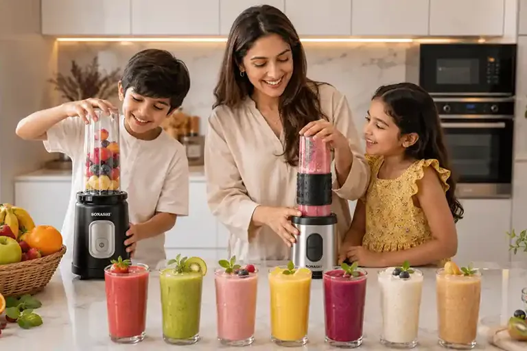 Mother and kids making colourful summer smoothies with a Sonashi blender