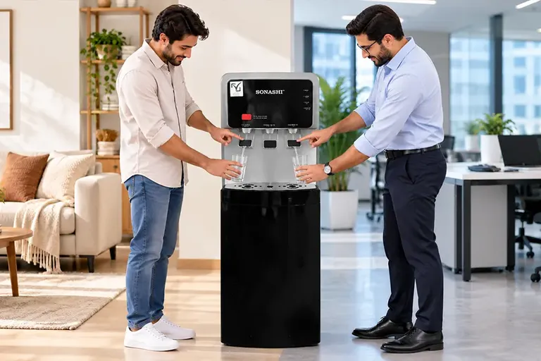 Freestanding water dispenser beside a kitchen counter with a glass beneath the water outlet