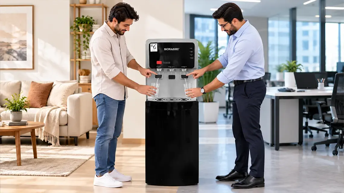 Freestanding water dispenser beside a kitchen counter with a glass beneath the water outlet